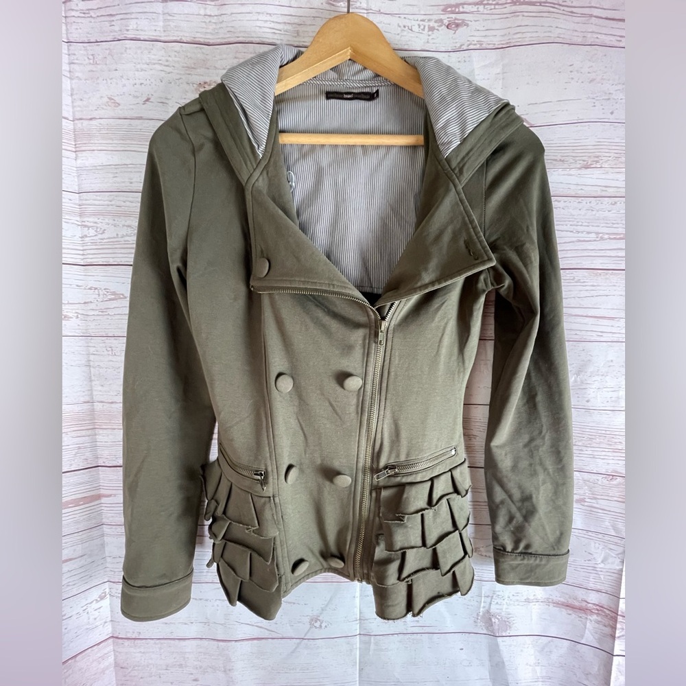 Athropologie Azel Hazel Haze Green burnout ruffled Jacket Zip Hooded sz S